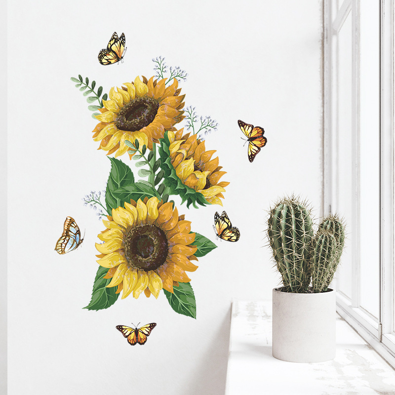 Watercolor Sunflower Birds Butterfly Plants Wall Stickers for Refrigerator Furniture Kitchen Toilet Decorative Wall Decals Pvc