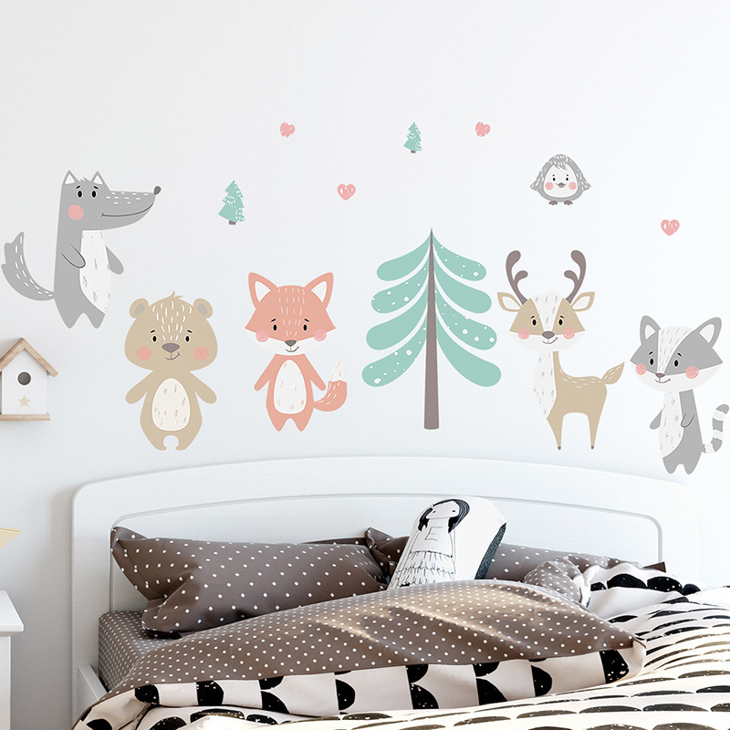 Cartoon Forest Animals Trees Bear Deer Fox Wall Stickers for Kids Room Baby Room Nursery Decoration Wall Decal