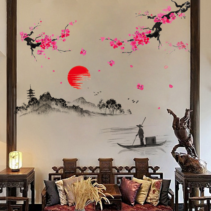 Sunset Distant Mountains Chinese Style Ink Wall Stickers Living Room TV Sofa Background Home Decoration Decals