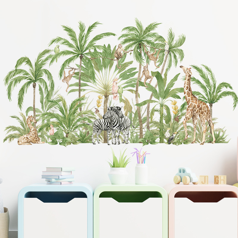 Tropical Plant Coconut Tree Animal Wall Stickers for Kids Room Bedroom Living Room Decoration Wall Decal