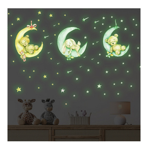 Tiny Cute Luminous Wall Stickers Teddy Bear on the Moon Stars Glow in the Dark Wall Decals for Kids Room Baby Nursery Home Decor