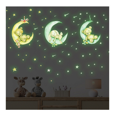 Tiny Cute Luminous Wall Stickers Teddy Bear on the Moon Stars Glow in the Dark Wall Decals for Kids Room Baby Nursery Home Decor