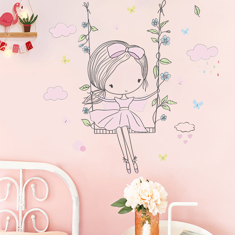 Little Girl Swings Wall Stickers for Kids Room Bedroom Nursery Decoration Wall Decal