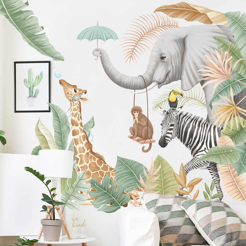 Africa Animals Giraffe Elephant Lion Tropical Plants Wall Stickers for Living Room Kids Room Home Decorative Wall Decal