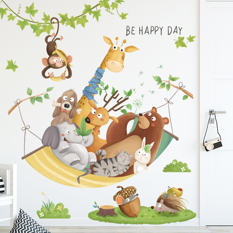 Cartoon Giraffe Lion Monkey Rattan Wall Stickers for Kids Room Bedroom Kindergarten Decoration Wall Decal