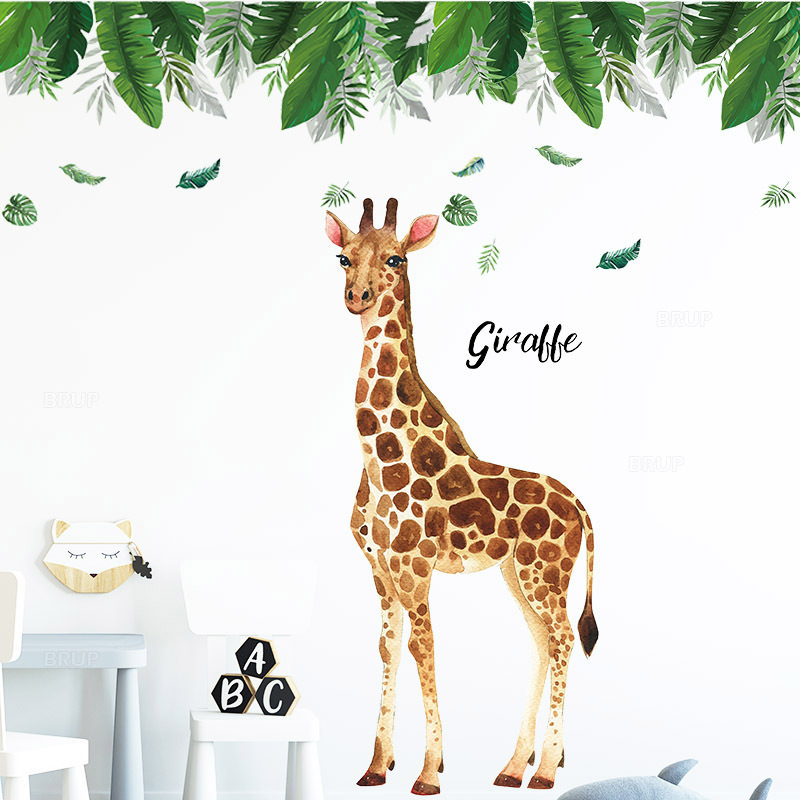 Tall Large Giraffe Green Leaves Wall Stickers for Kids Baby Room Bedroom Home Decoration Wall Decal