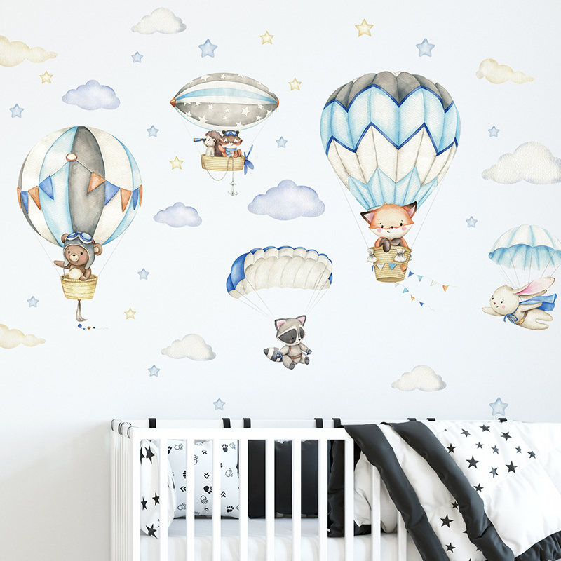 Watercolor Animals Hot Air Balloon Clouds Wall Stickers for Kids Room Baby Room Bedroom Nursery Decoration Wall Decal