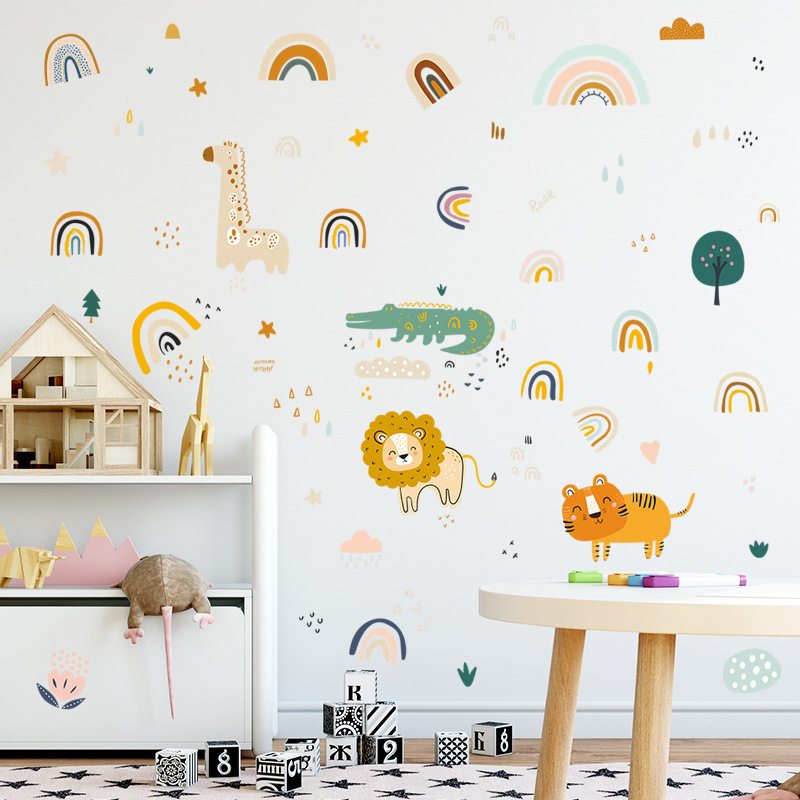 Cartoon Lion Tiger Giraffe Rainbow Wall Stickers for Kids Room Bedroom Decoration Wall Decal