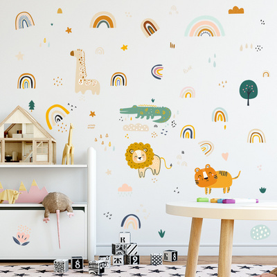 Cartoon Lion Tiger Giraffe Rainbow Wall Stickers for Kids Room Bedroom Decoration Wall Decal