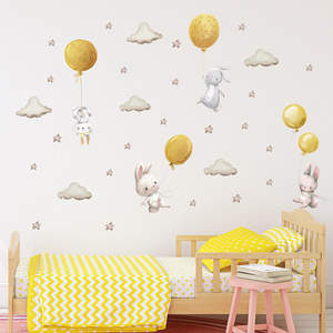 Watercolor Gold Balloon Bunny Cloud Wall Decal for Kids Room Bedroom Nursery Home Decoration Kids Wall Sticker