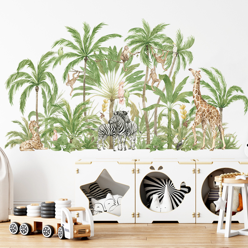 Tropical Plant Coconut Tree Animal Wall Stickers for Kids Room Bedroom Living Room Decoration Wall Decal