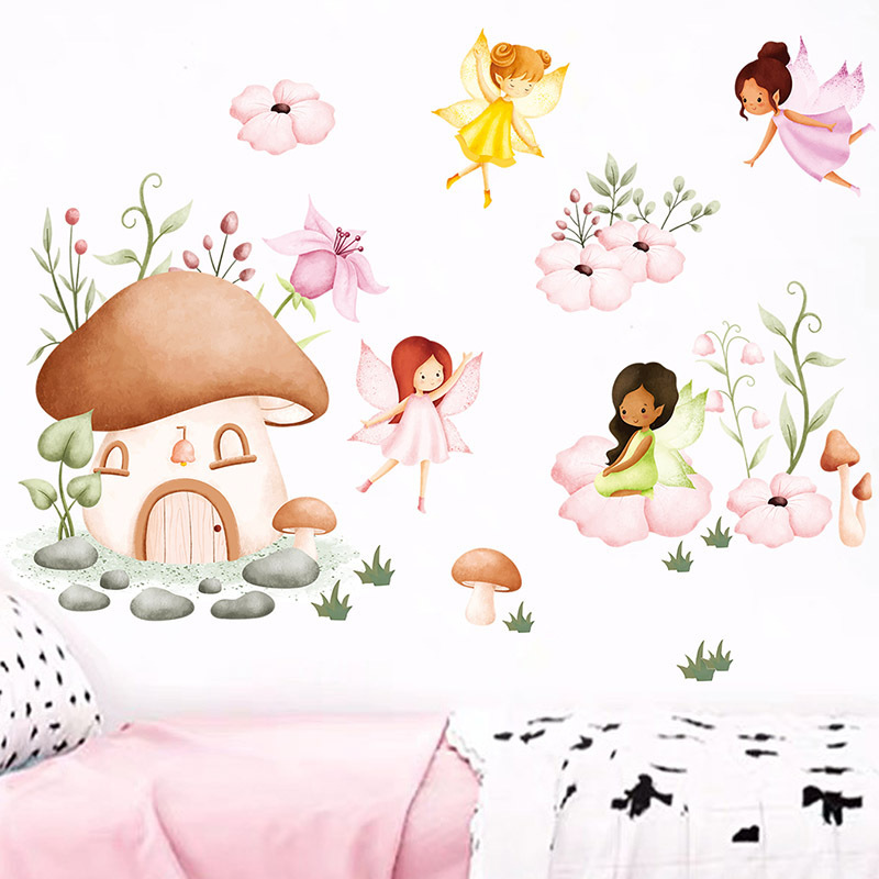 Cartoon Elf Mushroom House Wall Stickers for Kids Room Bedroom Nursery Decoration Wall Decal