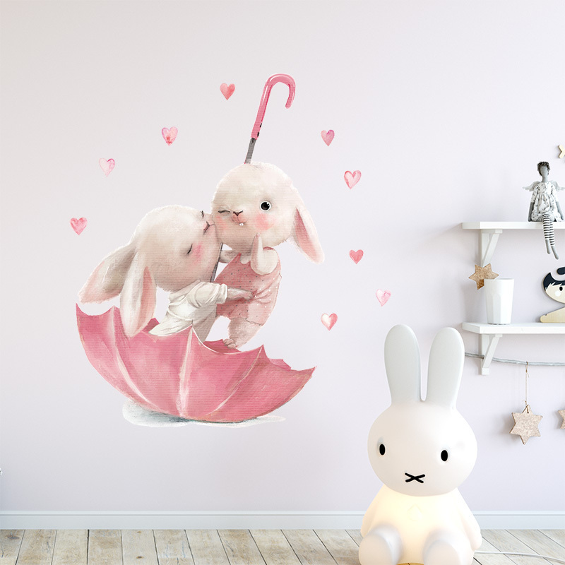 Cute Watercolor Pink Umbrella Rabbit Wallpaper Naughty Bunny Baby Kids Gilr Room Nursery Interior Decorative Wall Sticker