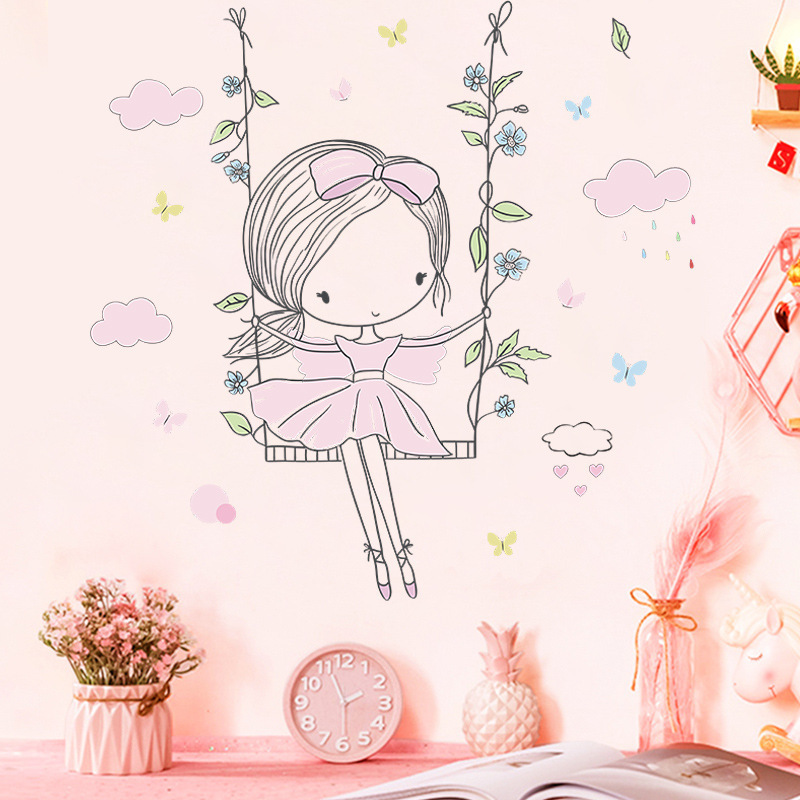 Little Girl Swings Wall Stickers for Kids Room Bedroom Nursery Decoration Wall Decal