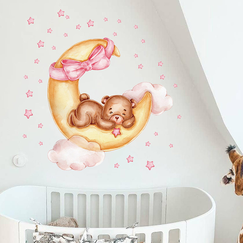 Cartoon Golden Moon Teddy Bear Pink Star Hair Band Wall Stickers for Kids Room Bedroom Nursery Decoration Wall Decal