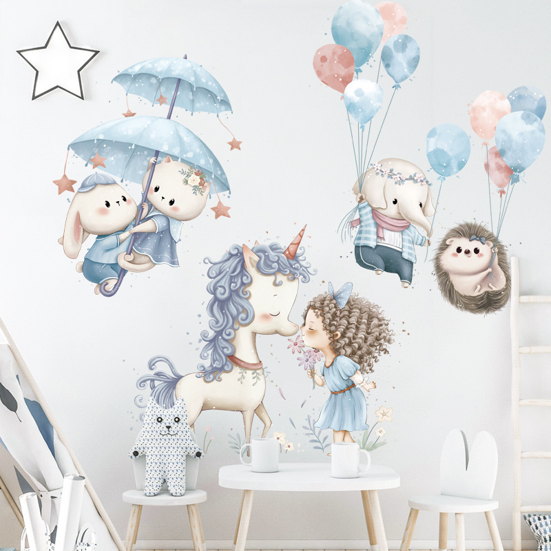 Unicorn Princess Balloon Animals Wall Stickers for Kids Girl Room Home Decorative Wall Decal