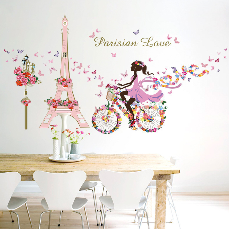 Pink Tower Butterfly Flowers Bicycle Girl Wall Stickers for Kids Room Bedroom Living Room Home Decorative Wall Decal