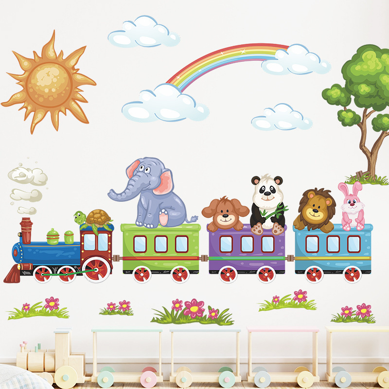 Cartoon Train Sun Rainbow Clouds Wall Decal for Kids Baby Room Bedroom Nursery Decorative Wall Sticker