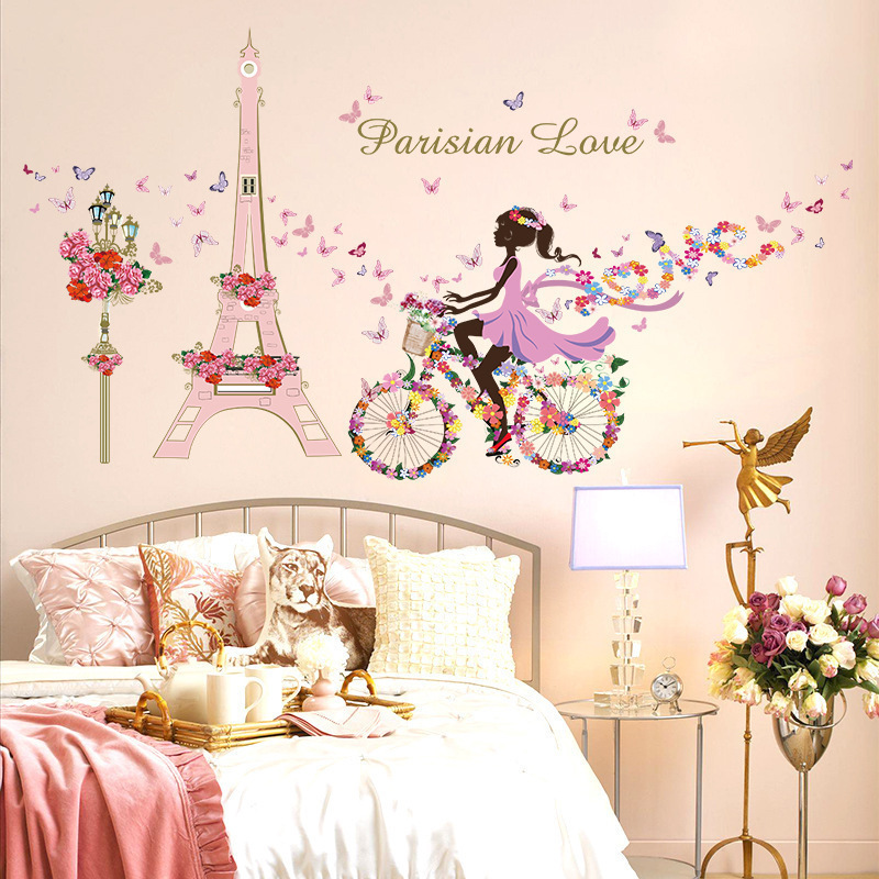 Pink Tower Butterfly Flowers Bicycle Girl Wall Stickers for Kids Room Bedroom Living Room Home Decorative Wall Decal