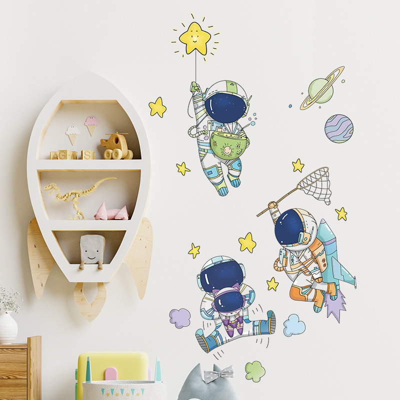 Cartoon Astronauts Catch Stars Wall Stickers for Kids Room Bedroom Nursery Decorative Wall Decal