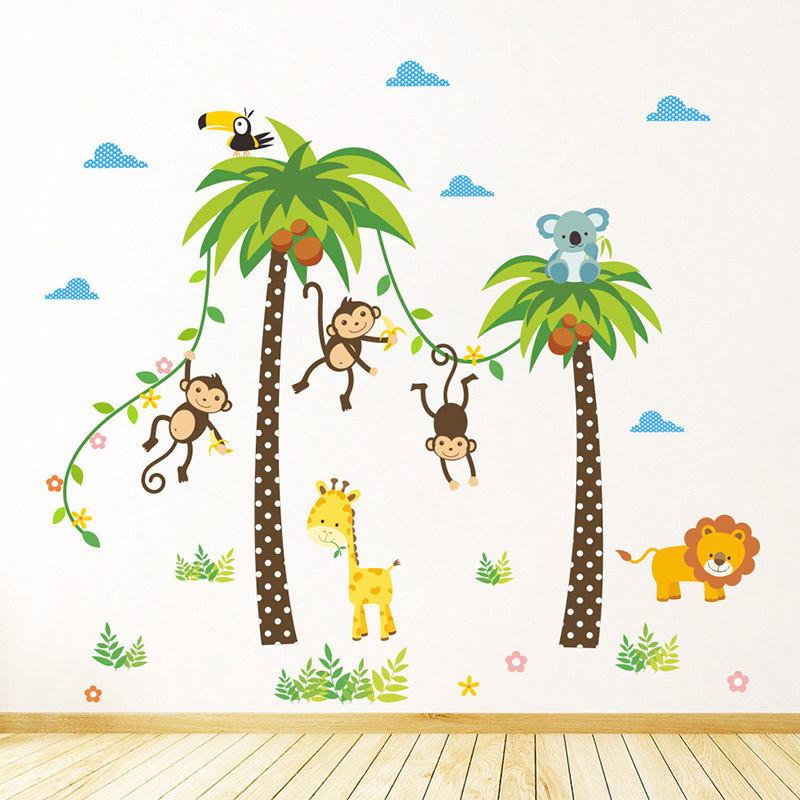 Animals Coconut Tree Monkeys and lion Wall Stickers for Kids Room kindergarten Nursery Decorative Wall Decal