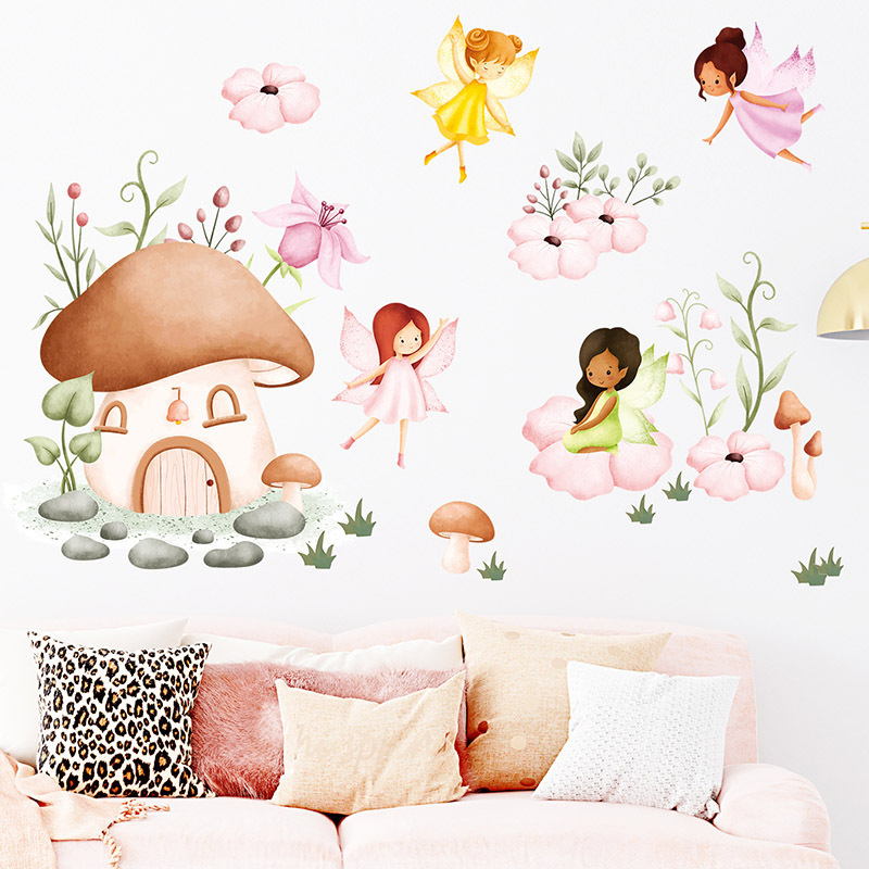 Cartoon Elf Mushroom House Wall Stickers for Kids Room Bedroom Nursery Decoration Wall Decal