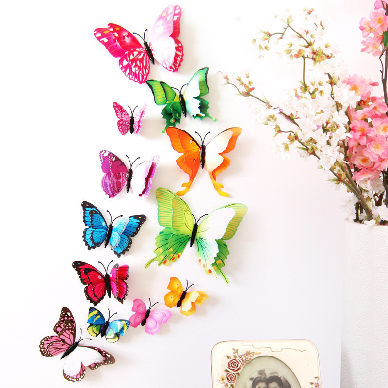 12Pcs Double-layer Butterfly Art Wall Stickers for Kids Room Bedroom Home Decor Party Wall Decorations