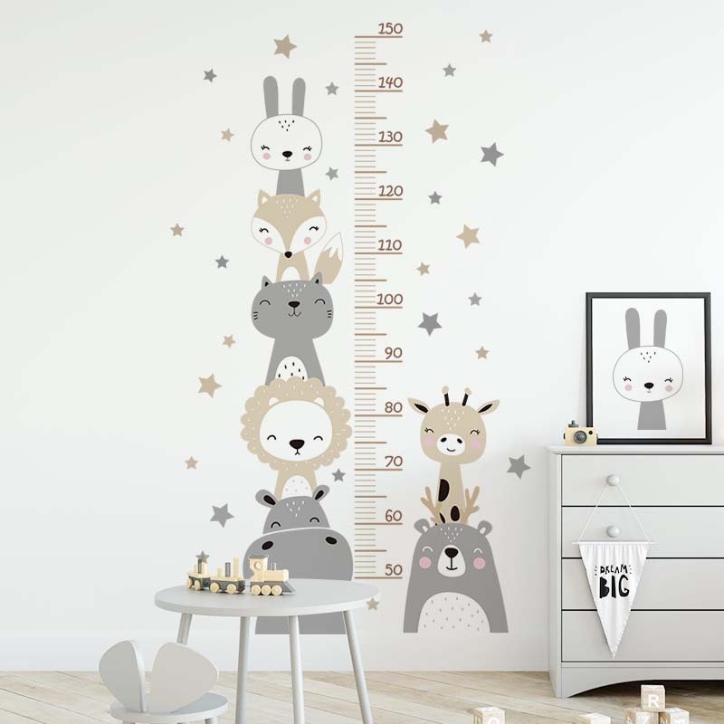 Cartoon Smile Animals Bear Lion Deer Hippo Stars Height Wall Stickers for Kids Room Boy Girl Room Nursery Wall Decals pvc