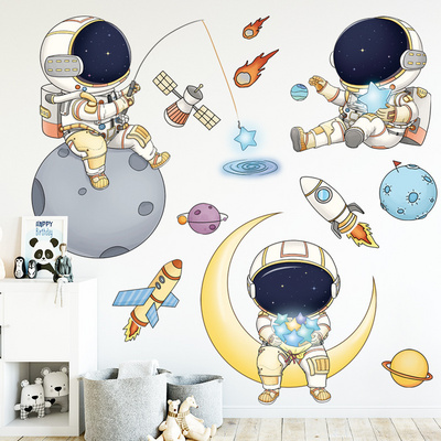 Cartoon Astronaut Space Planets Wall Stickers for Kids Room Nursery Decoration Wall Decals for Kids Room Living Room Decor PVC