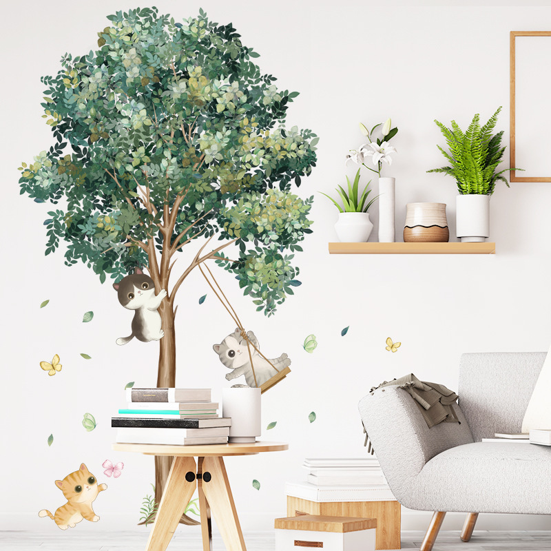 Cute Cat Plant Tree Wall Stickers for Kids Room Living Room Bedroom Home Decorative Wall Decal