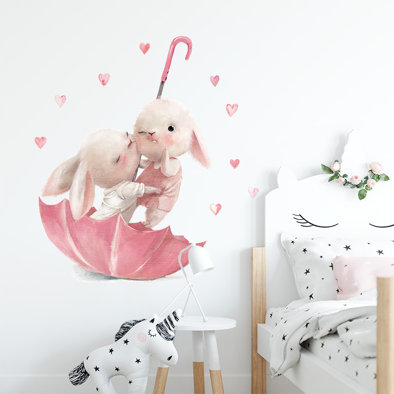 Cute Watercolor Pink Umbrella Rabbit Wallpaper Naughty Bunny Baby Kids Gilr Room Nursery Interior Decorative Wall Sticker