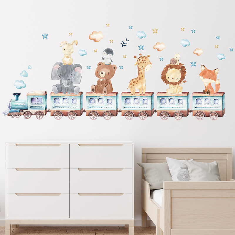 Cartoon Animal Train Wall Stickers For Kids Room Bedroom Nursery Decoration Wall Decal