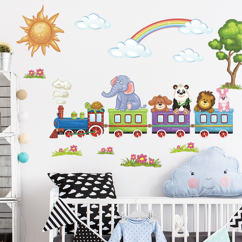 Cartoon Train Sun Rainbow Clouds Wall Decal for Kids Baby Room Bedroom Nursery Decorative Wall Sticker