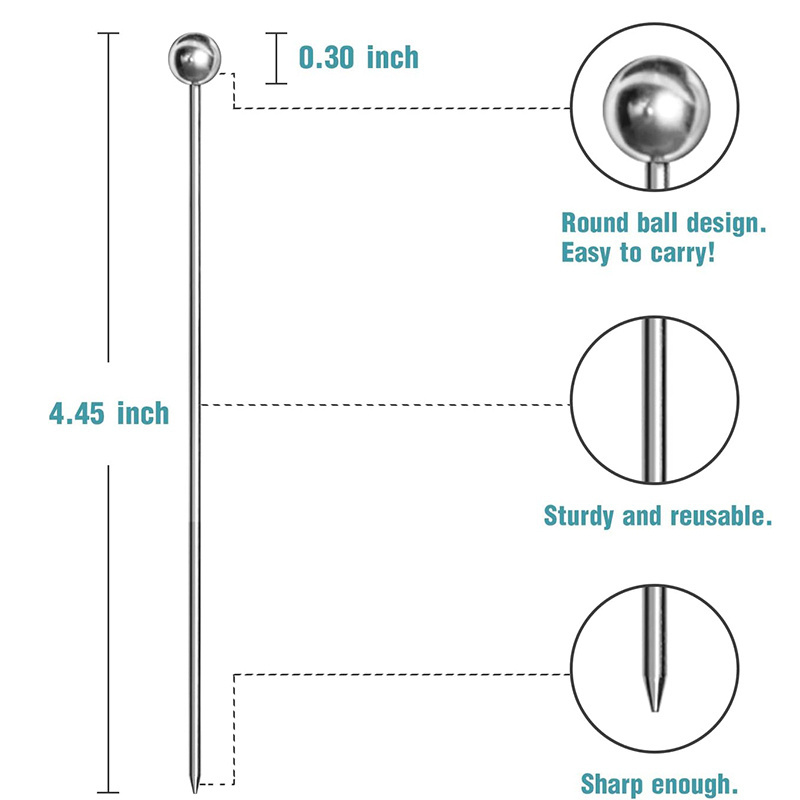 Round Top Stainless Steel 304 Cocktail Picks Fruit Stick Cocktail Skewers