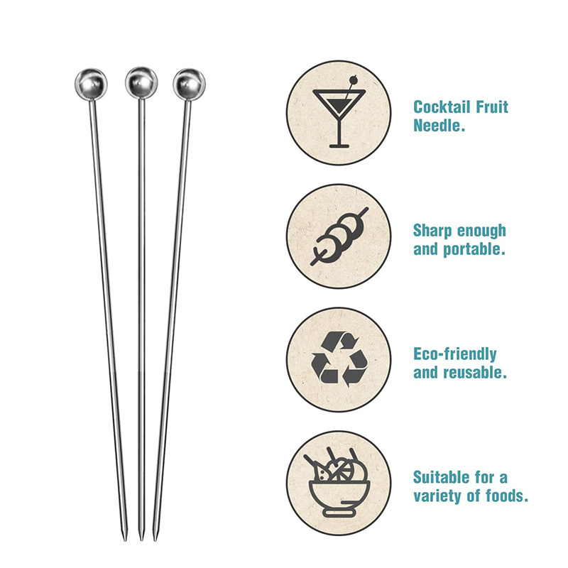 Round Top Stainless Steel 304 Cocktail Picks Fruit Stick Cocktail Skewers