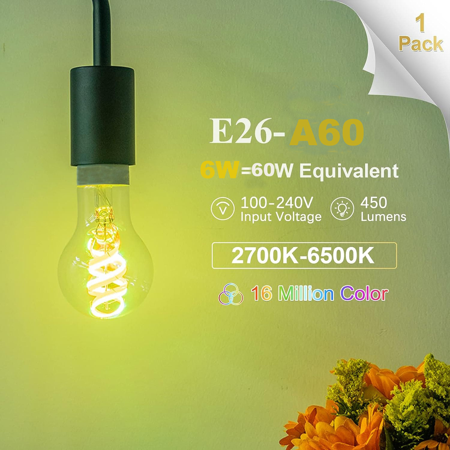 A60 Globe CCT WiFi Smart Led Filament Bulb 6W Spiral Filament 2200K-6500k Turable Bulb App Alexa Control Vintage Edison