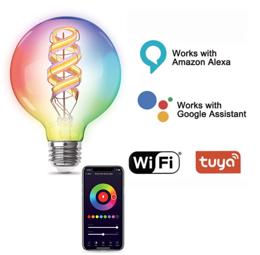 Globe WiFi Smart Led Filament Bulb 6W Spiral Filament Multicolor RGB Turable Bulb App Alexa TG Control Vintage Edison Led Bu