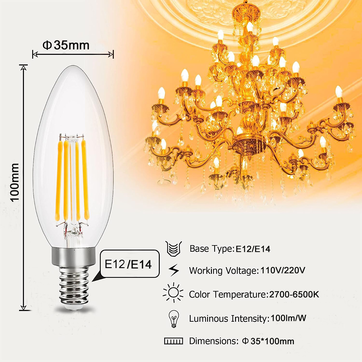 C35 Led Vintage Filament Light Bulb E12 E14 E17 E27 CCT 2200K-6500K 6W for Chandeliers 50W Incandescent Equivalent Led Bulb