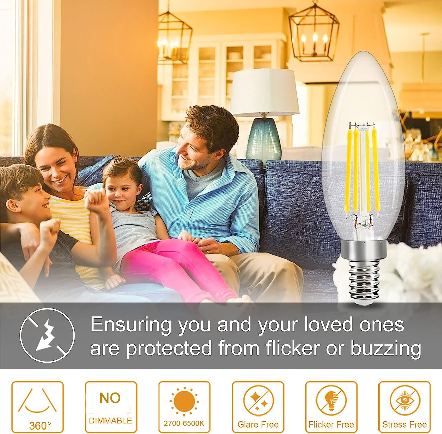 C35 Led Vintage Filament Light Bulb E12 E14 E17 E27 CCT 2200K-6500K 6W for Chandeliers 50W Incandescent Equivalent Led Bulb