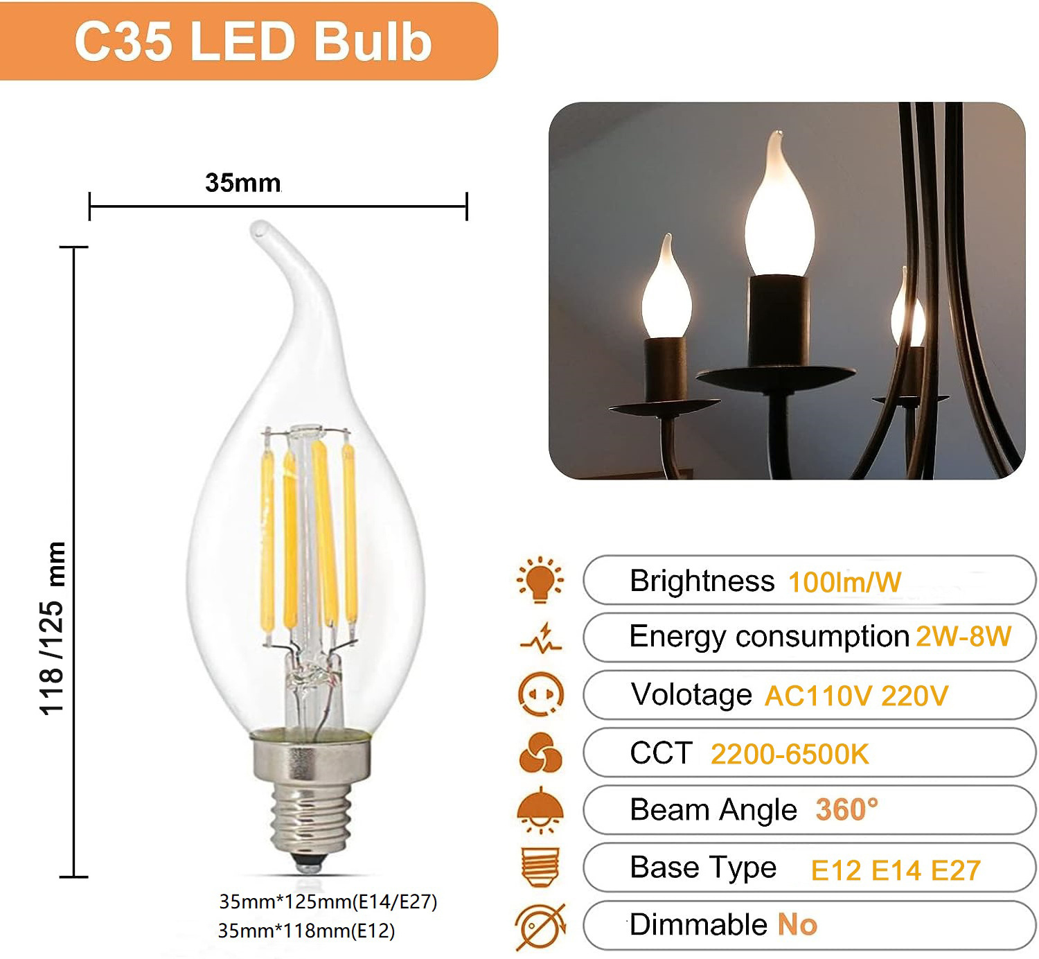 C35 BentTip LED Light Bulbs 60W Equivalent Vintage LED Flame Tip Candelabra Bulb for Ceiling Fan 2700k Tunable Led Filament(Dim)