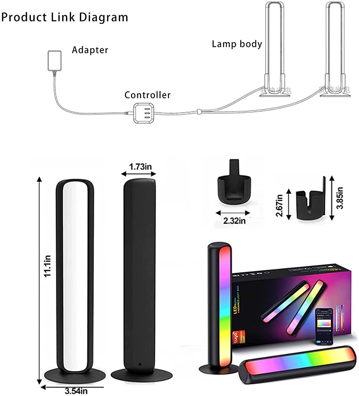 2 Pack Smart LED Light Bars RGB Color Changing Ambient Backlight Lamp with 12 Scene Modes Music Sync WiFi Play Light Bars for TV