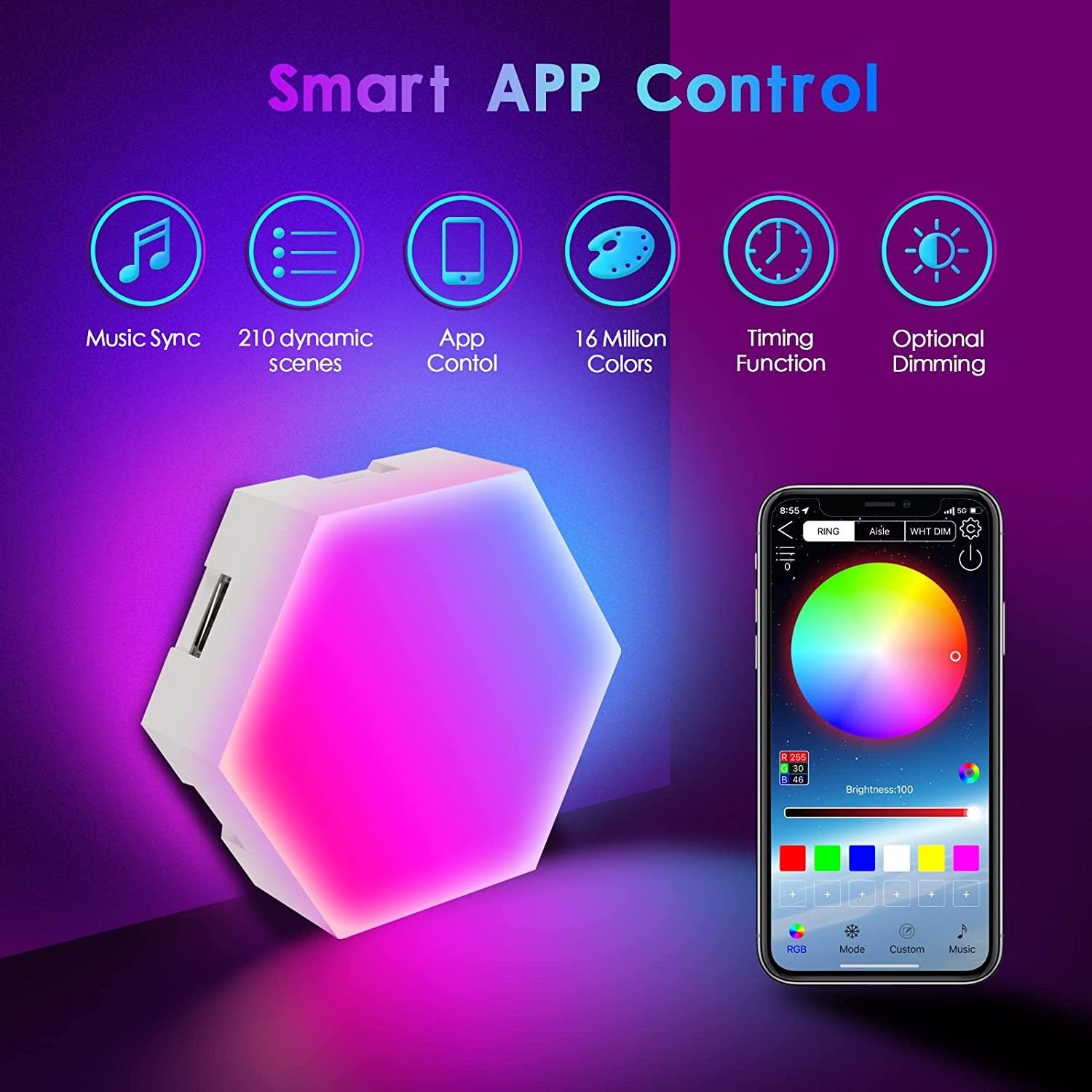 APP Controlled LED Hexagonal Light Smart Remote Control BLE Cellular Light DIY Quantum Night Light Gaming Room Bedroom