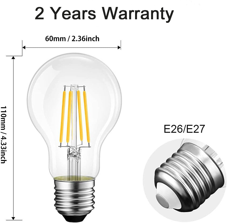 Energy Saving A19 Led filament Bulb  CCT Color 2W 4W 6W 8W 12W Classic Clear Glass For Indoor A60 LED Light Bulb (No Dim)