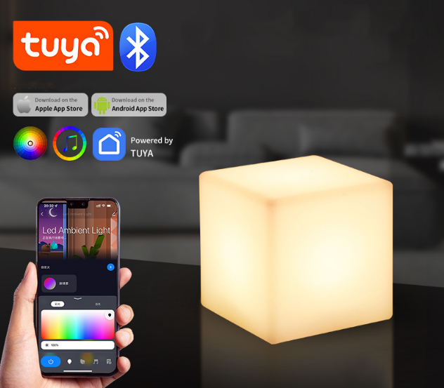 Tuya Smart Table Lamp Works with Alexa Voice Control RGB Color Changing LED USB Charging Night Light Cube Controlled by APP