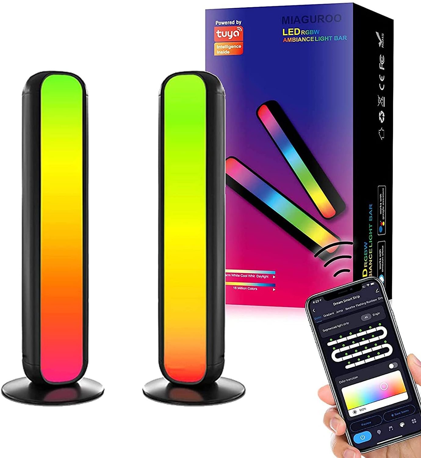 2 Pack Smart LED Light Bars RGB Color Changing Ambient Backlight Lamp with 12 Scene Modes Music Sync WiFi Play Light Bars for TV