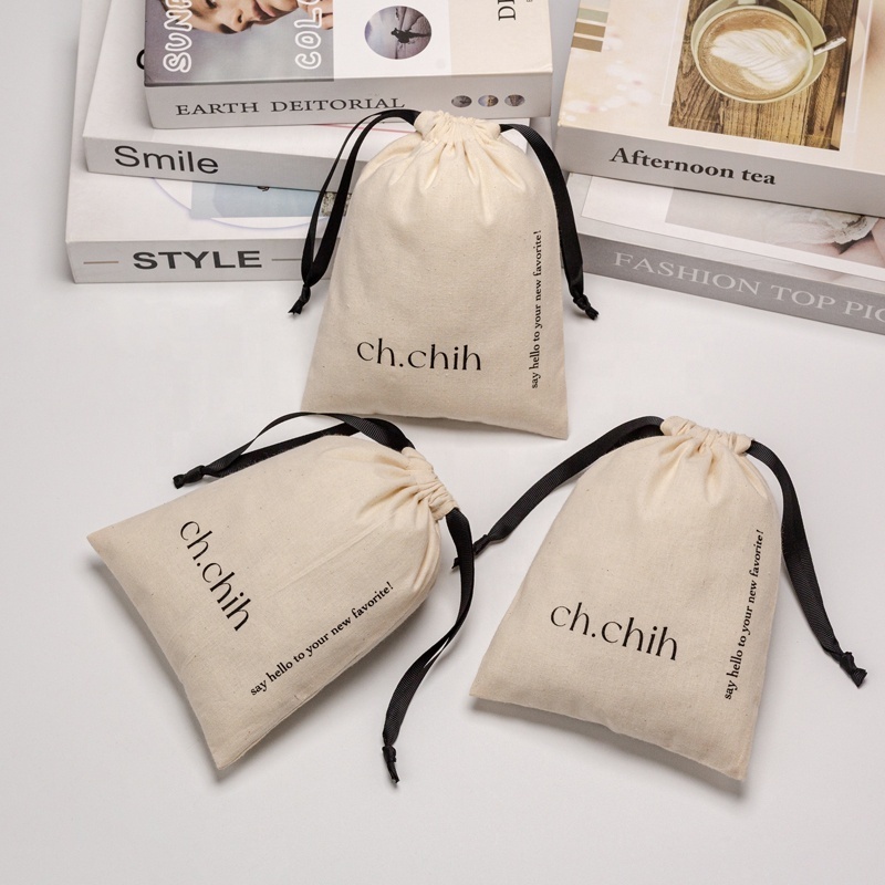 Eco Custom Logo Printed Organic Cotton Muslin Candle Soap Packaging Bag Gift Drawstring Dust Cotton  Pouch