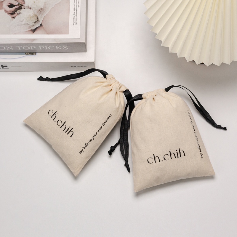 Eco Custom Logo Printed Organic Cotton Muslin Candle Soap Packaging Bag Gift Drawstring Dust Cotton  Pouch