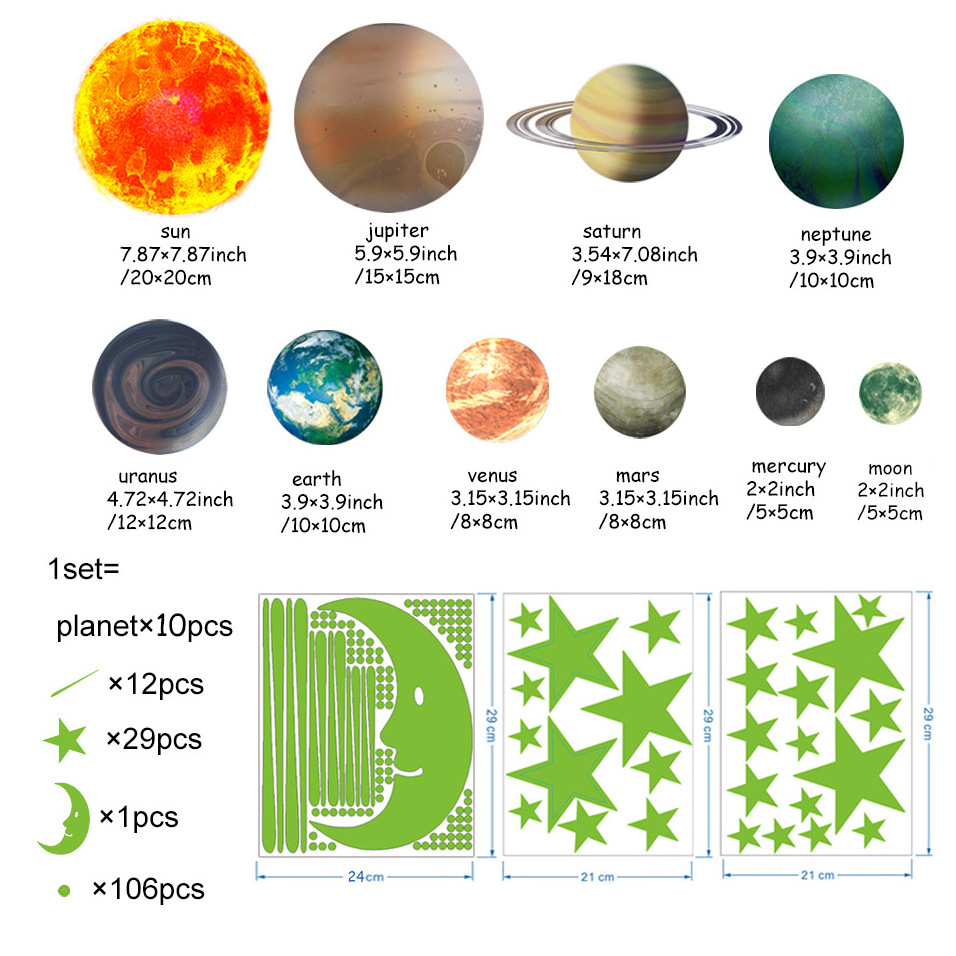 Luminous stars moon planet decorative wall stickers bedroom living room children's room home green fluorescent stickers