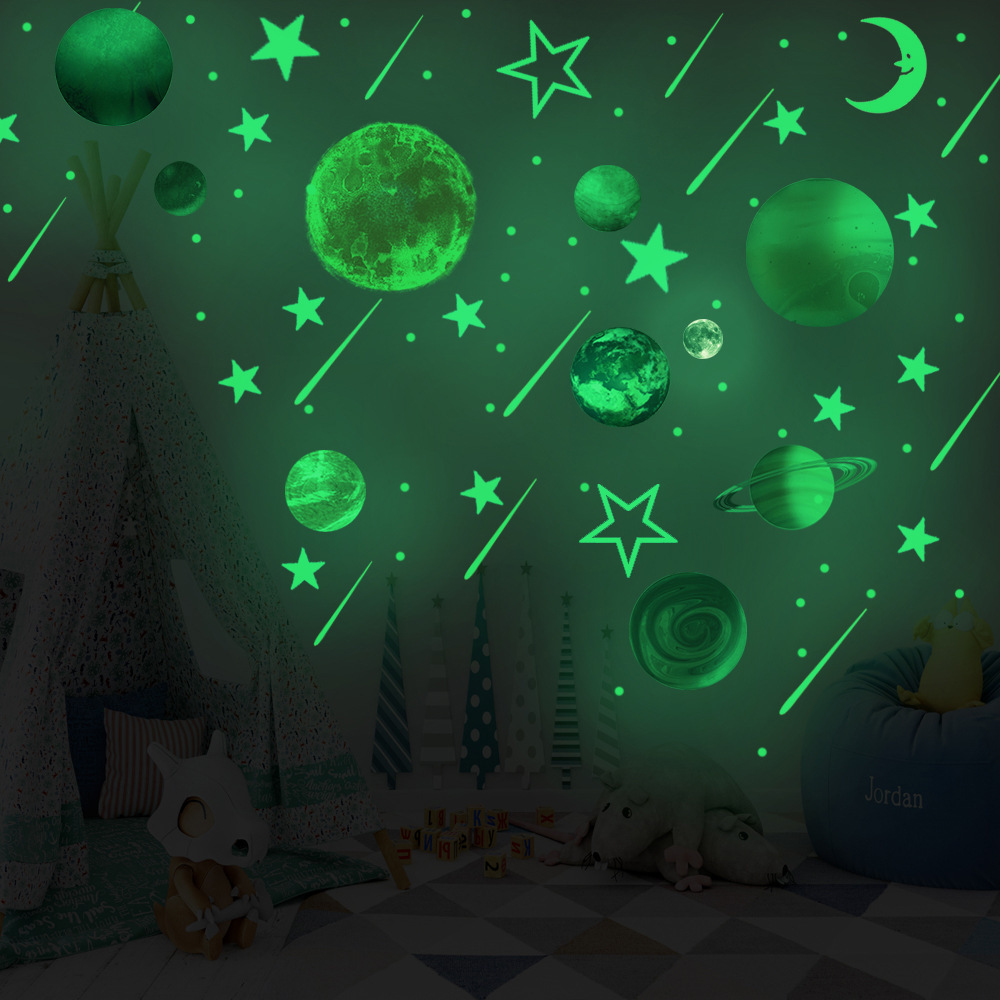 Luminous stars moon planet decorative wall stickers bedroom living room children's room home green fluorescent stickers