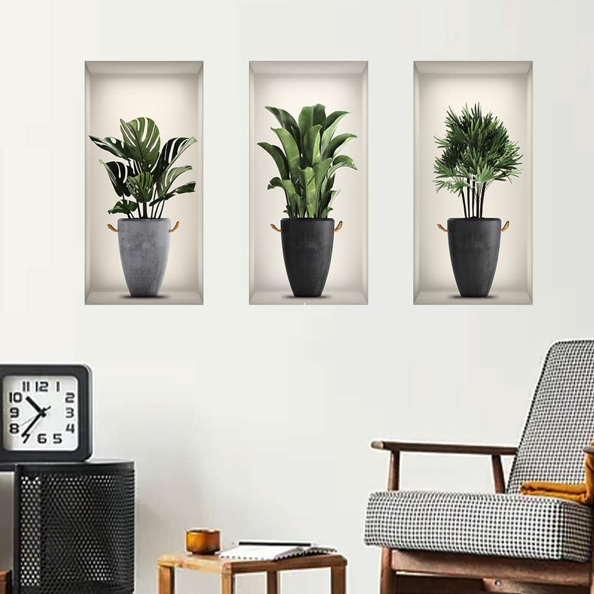 3D three-dimensional potted plants green plants and flowers triptych painting for living room entrance decoration wall  sticker